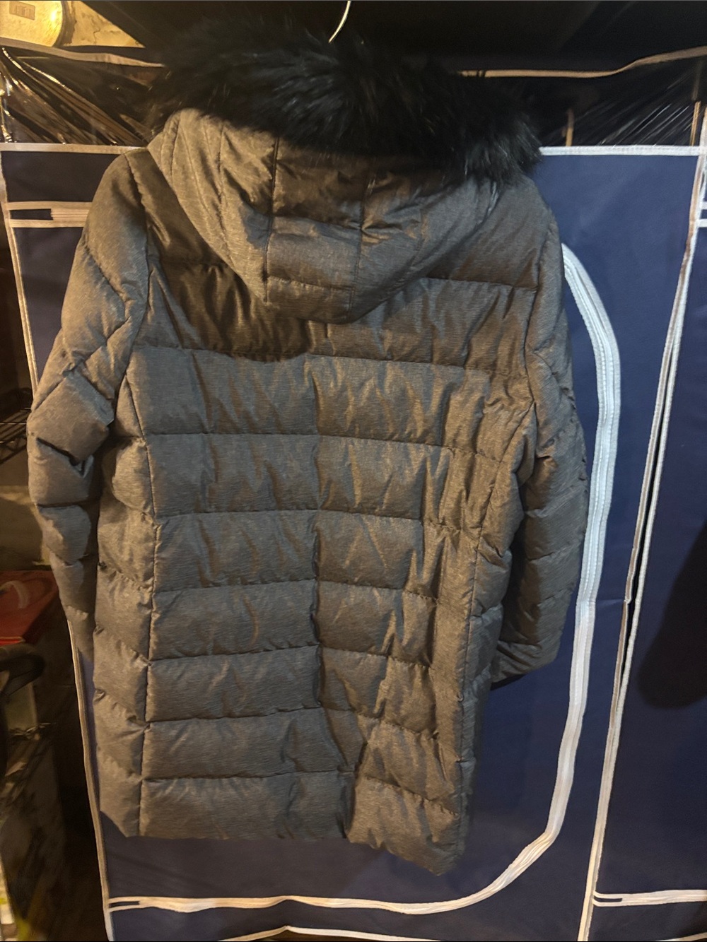 Lands' End Women's Heather Gray Down Puffer Coat with Faux Fur Trimmed Hood - Picture 3 of 4